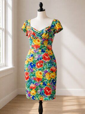Vintage Gillian 100% Silk Floral Bodycon Dress 12